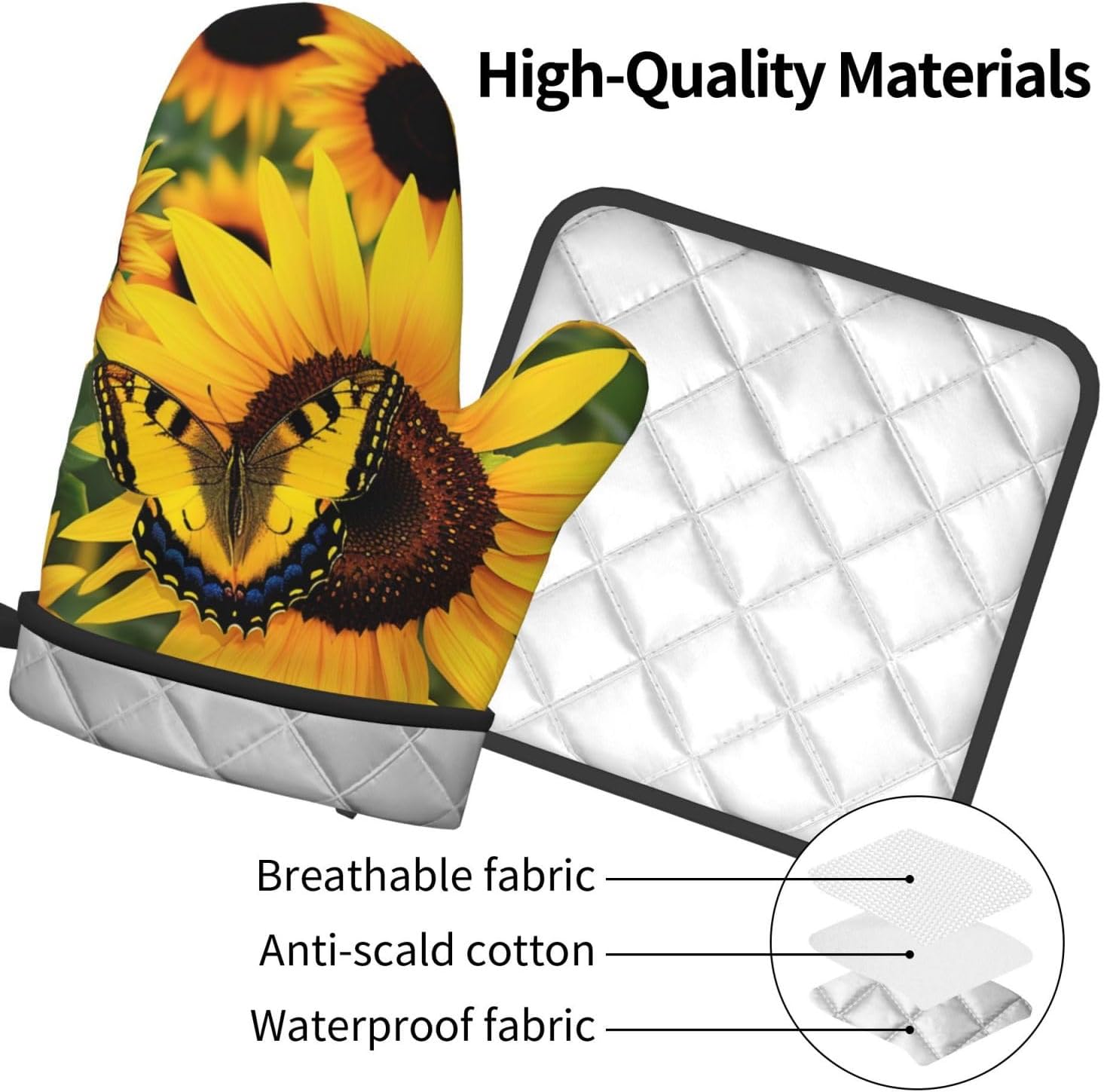 Butterfly Blooming Sunflower Plants Flowers Printed Oven Mitts and Pot Holders Set of 2 - Heat Resistant