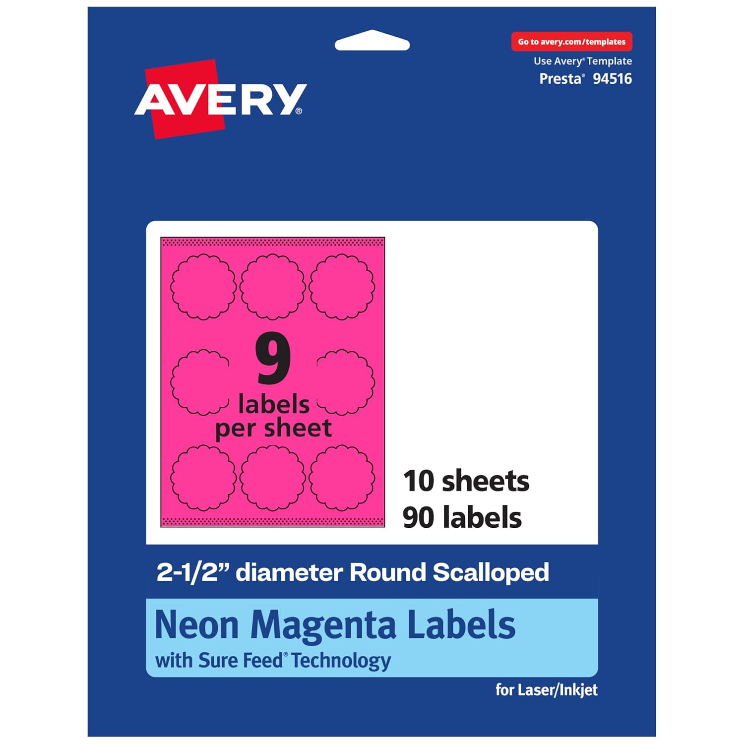 Avery Printable Round Scalloped Labels, Sure Feed Technology, 2-1/2" Diameter, Neon Magenta Labels, Print-to-The-Edge