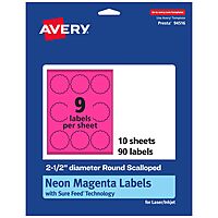 Avery Printable Round Scalloped Labels, Sure Feed Technology, 2-1/2" Diameter, Neon Magenta Labels, Print-to-The-Edge