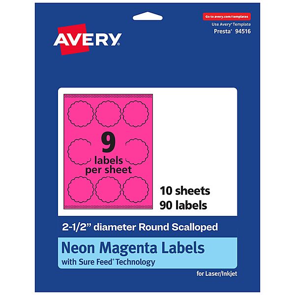 Avery Printable Round Scalloped Labels, Sure Feed Technology, 2-1/2" Diameter, Neon Magenta Labels, Print-to-The-Edge