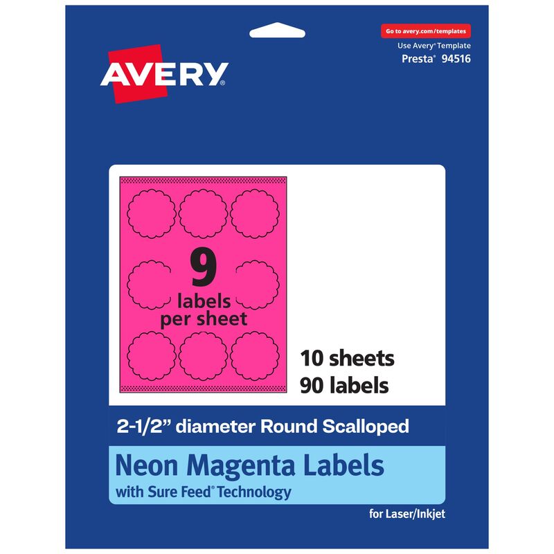 Avery Printable Round Scalloped Labels, Sure Feed Technology, 2-1/2" Diameter, Neon Magenta Labels, Print-to-The-Edge