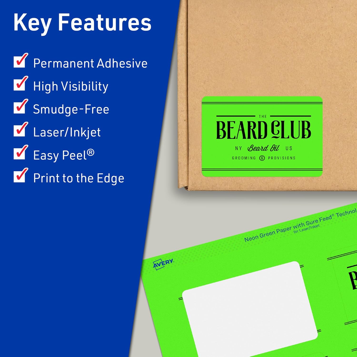 Avery Printable Rectangle Labels, Sure Feed Technology, 1.5 x 3.75, Neon Green, Print-to-The-Edge, Laser/Inkjet