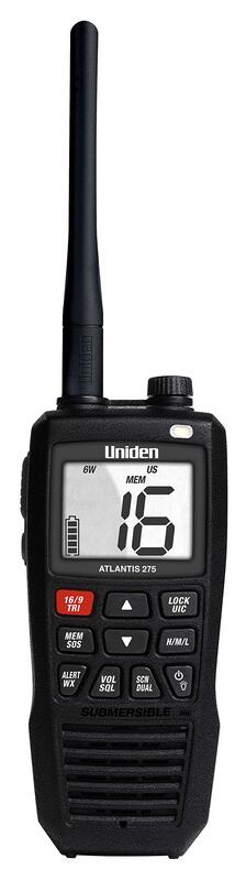 Uniden Atlantis 275 Handheld Two-Way VHF Marine Radio, Floating IPX8 Submersible Waterproof, Large Dual-Color Screen, 6-Watt