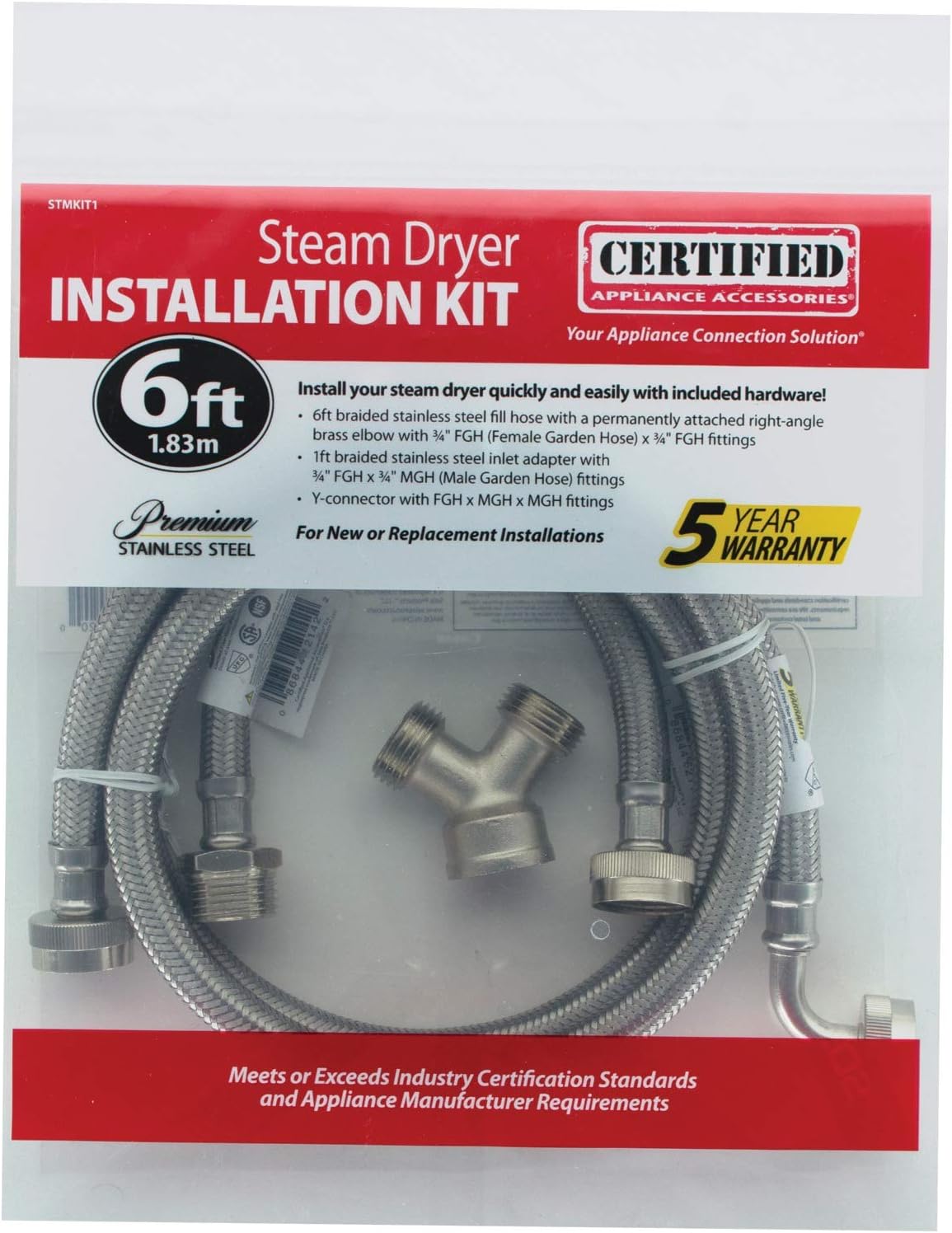 Certified Appliance Accessories Braided Stainless Steel Steam Dryer Installation Kit with 90° Elbow