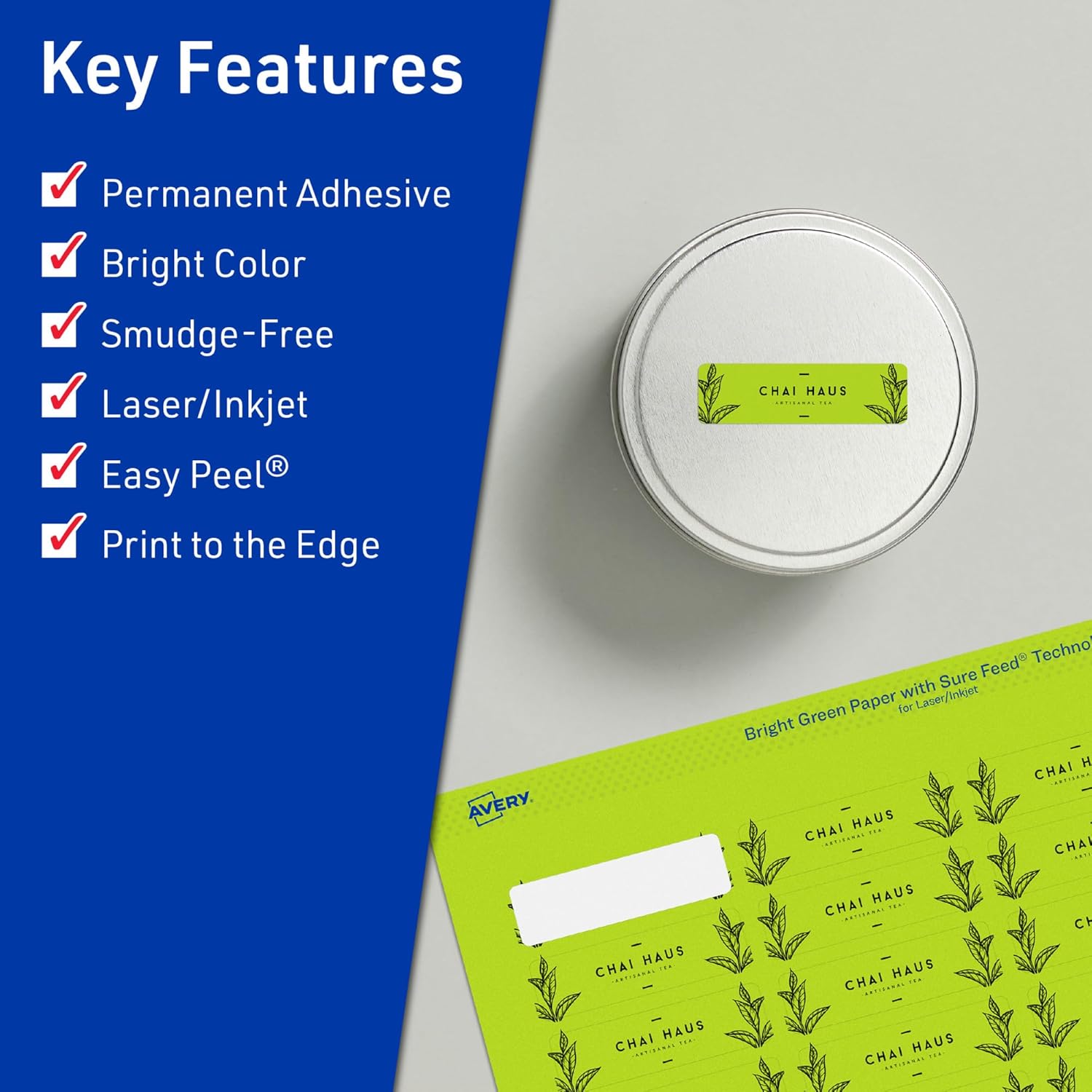 AVERY Printable Rectangle Labels, Sure Feed Technology, 1/2" x 1-3/4", Bright Green, Print-to-The-Edge