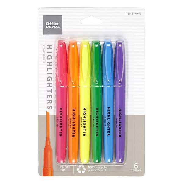 Office Depot Brand Pen-Style Highlighters, Chisel Point, 100% Recycled Plastic Barrel, Assorted Colors, Pack Of 6 Highlighters