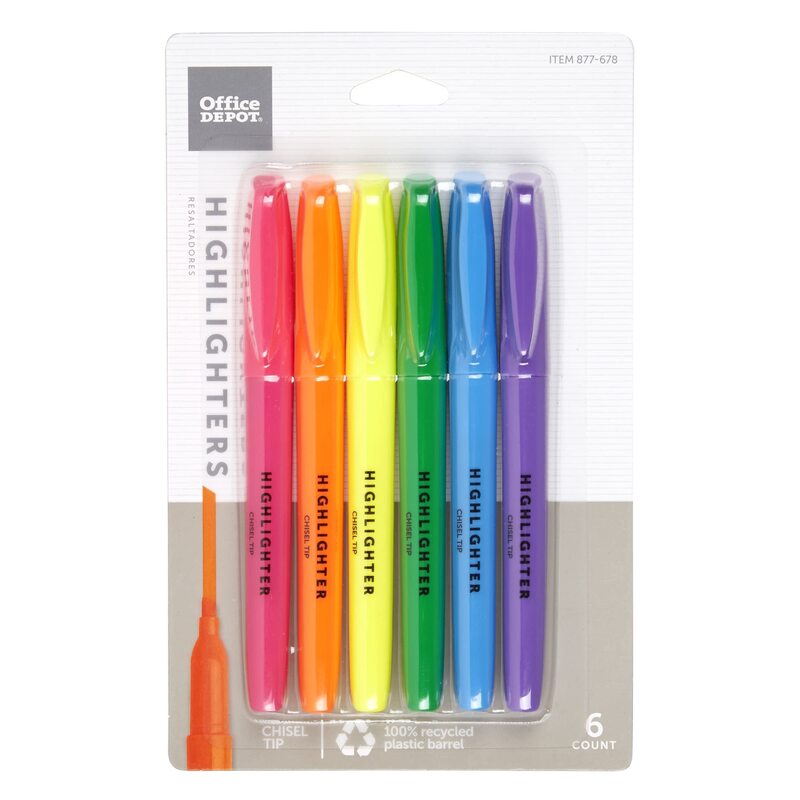 Office Depot Brand Pen-Style Highlighters, Chisel Point, 100% Recycled Plastic Barrel, Assorted Colors, Pack Of 6 Highlighters