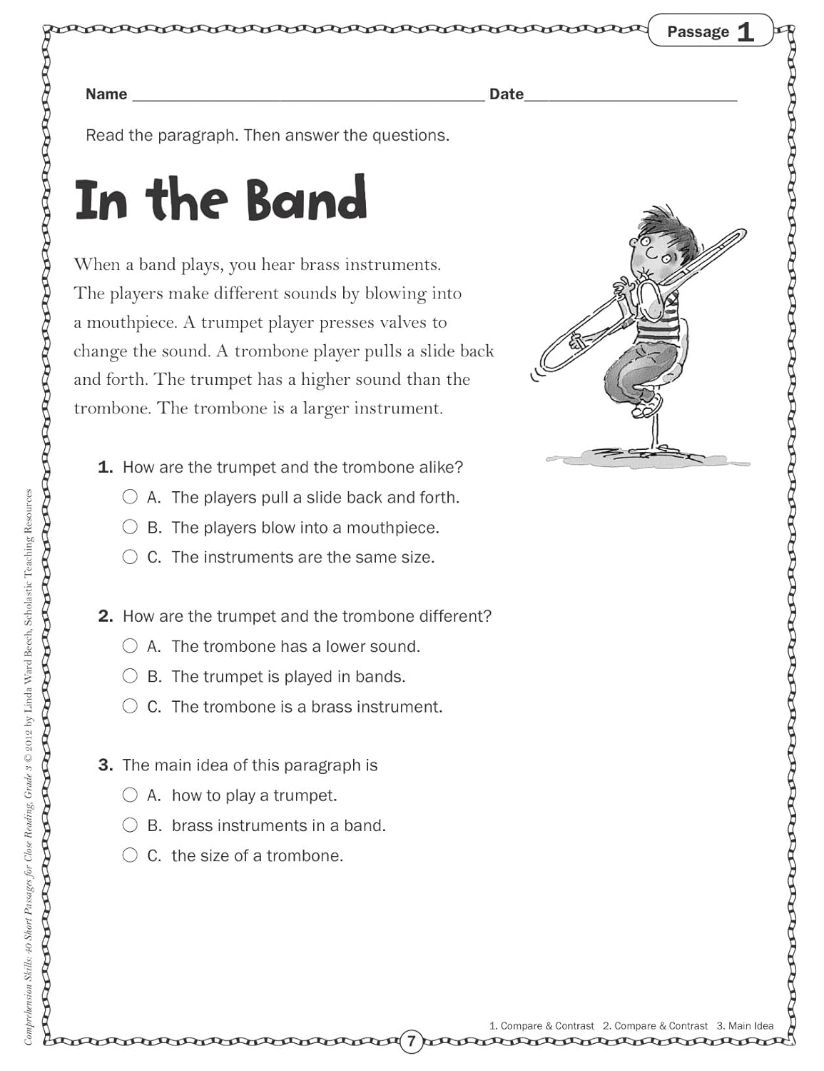 Scholastic Comprehension Skills: 40 Short Passages For Close Reading, Grade 3