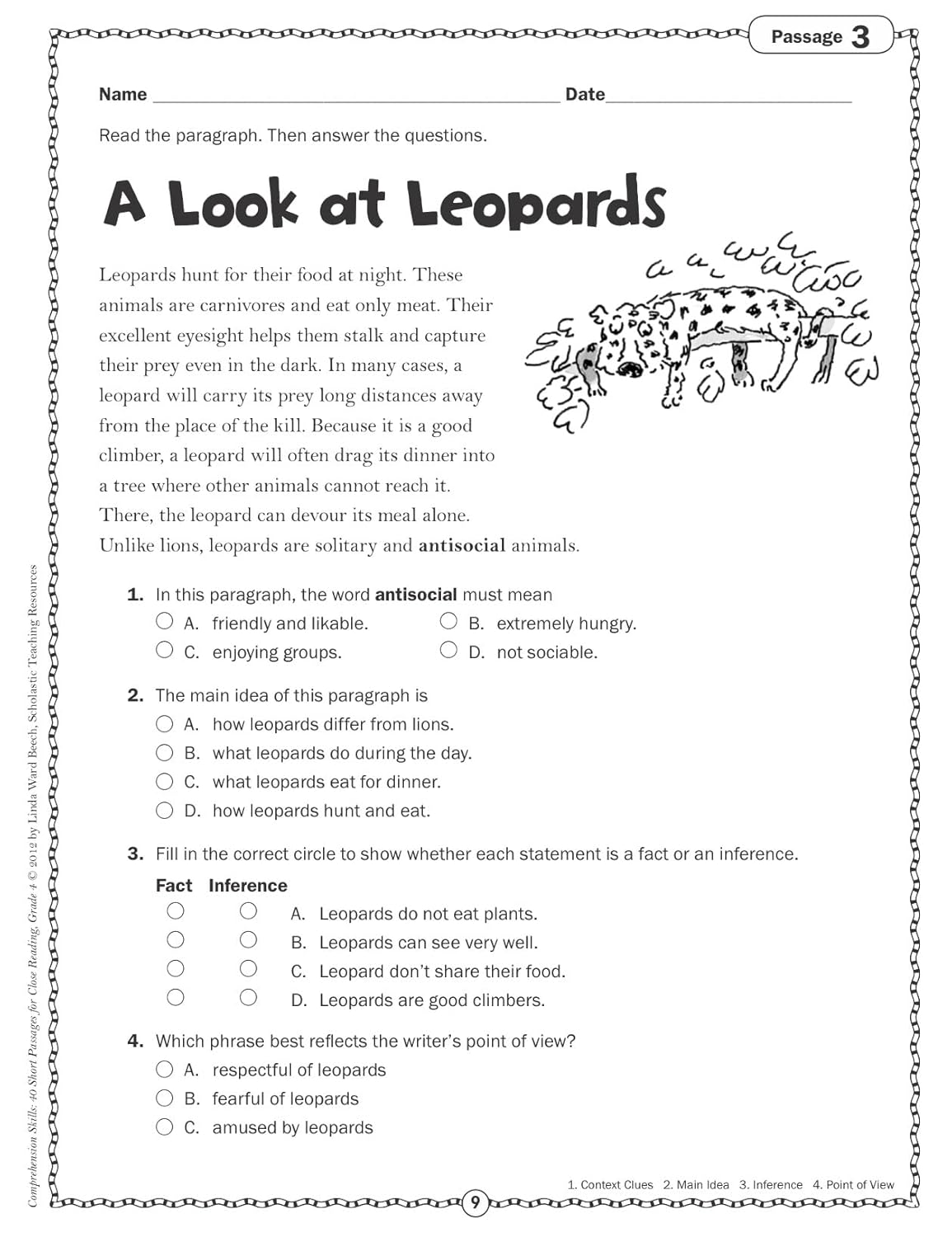 Scholastic Comprehension Skills: 40 Short Passages For Close Reading, Grade 4