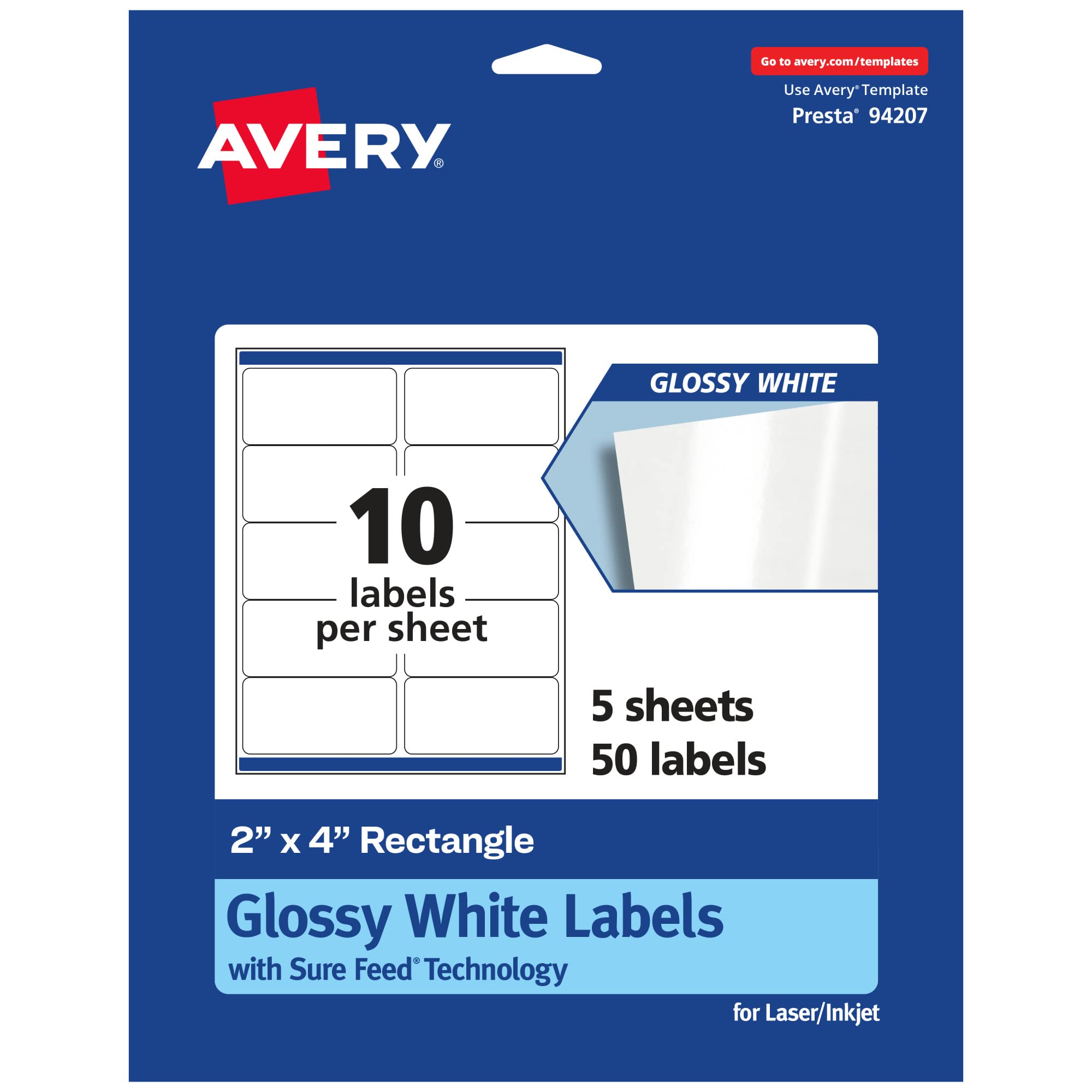 Avery Rectangle Labels, Sure Feed Technology, 2" x 4", Glossy White