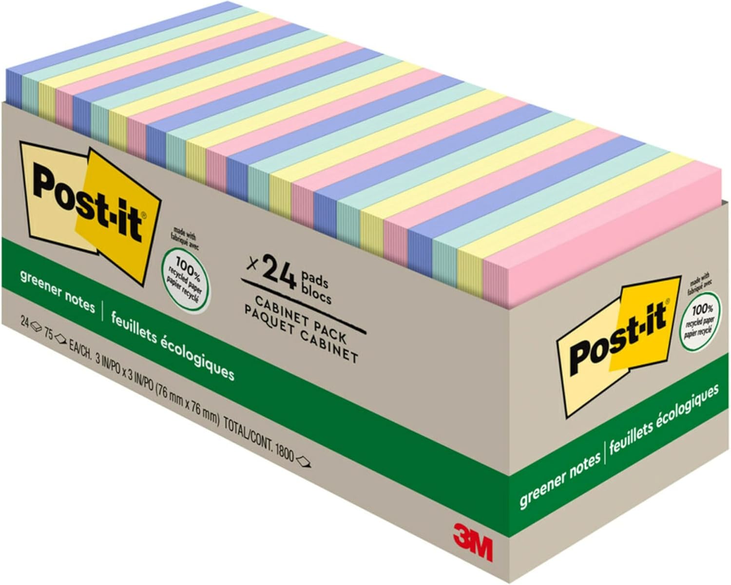 Post-it Greener Notes, 3x3 in, 24 Pads, America's #1 Favorite Sticky Notes, Sweet Sprinkles Collection, Pastel Colors