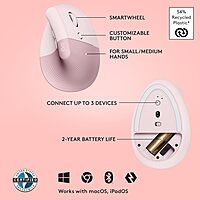 Logitech Lift Vertical Ergonomic Mouse, Wireless, Bluetooth or Logi Bolt USB receiver, Quiet clicks, 4 buttons, compatible with Windows/macOS/iPadOS, Laptop, PC - Rose Right-Handed Mouse ROSE