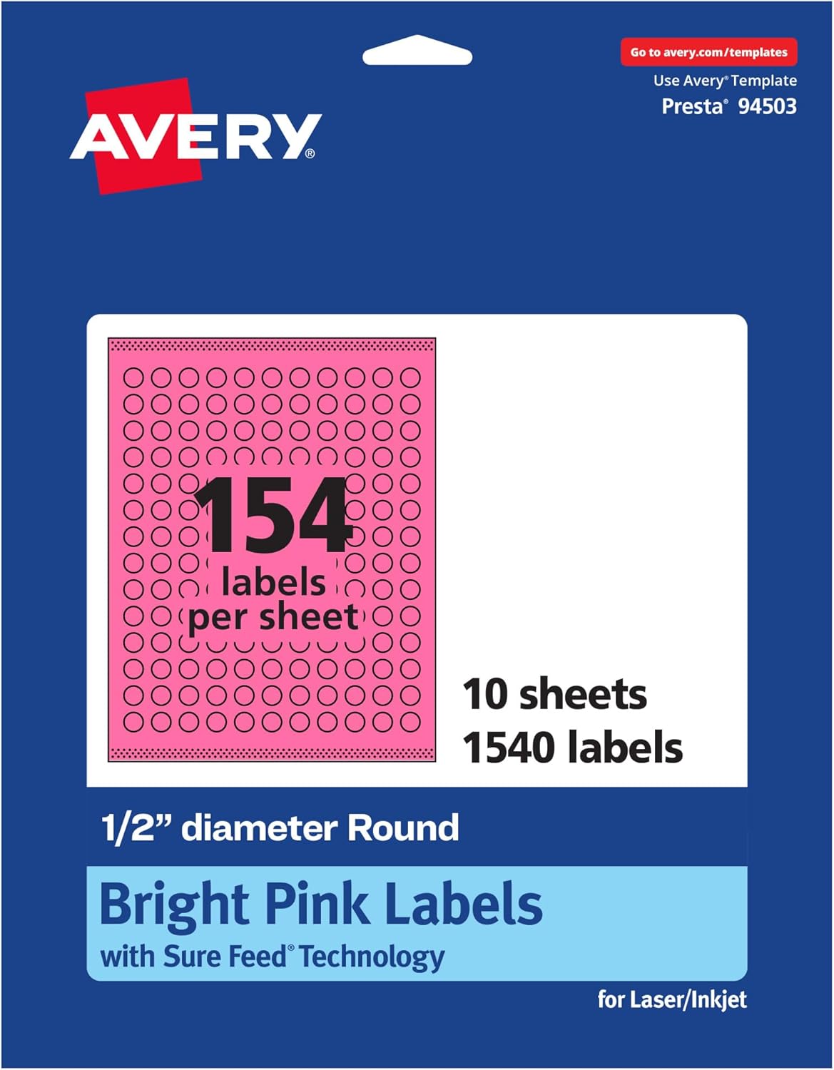 Avery Printable Round Labels, Sure Feed Technology, 1/2" Diameter, Bright Pink, Print-to-the-Edge, Laser/Inkjet