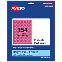 Avery Printable Round Labels, Sure Feed Technology, 1/2" Diameter, Bright Pink, Print-to-the-Edge, Laser/Inkjet
