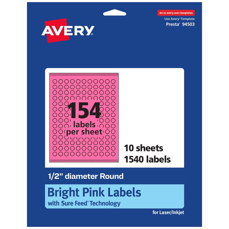 Avery Printable Round Labels, Sure Feed Technology, 1/2" Diameter, Bright Pink, Print-to-the-Edge, Laser/Inkjet