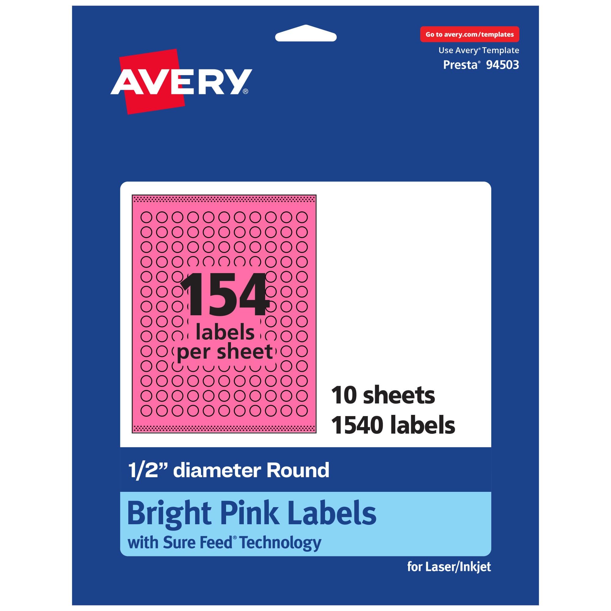 Avery Printable Round Labels, Sure Feed Technology, 1/2" Diameter, Bright Pink, Print-to-the-Edge, Laser/Inkjet