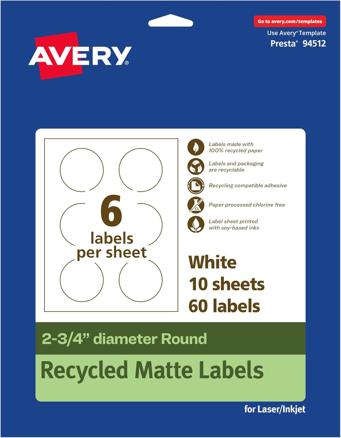 Avery EcoFriendly Matte White Recycled Round Labels, 2.75" Diameter, Print-to-The-Edge, Permanent Adhesive