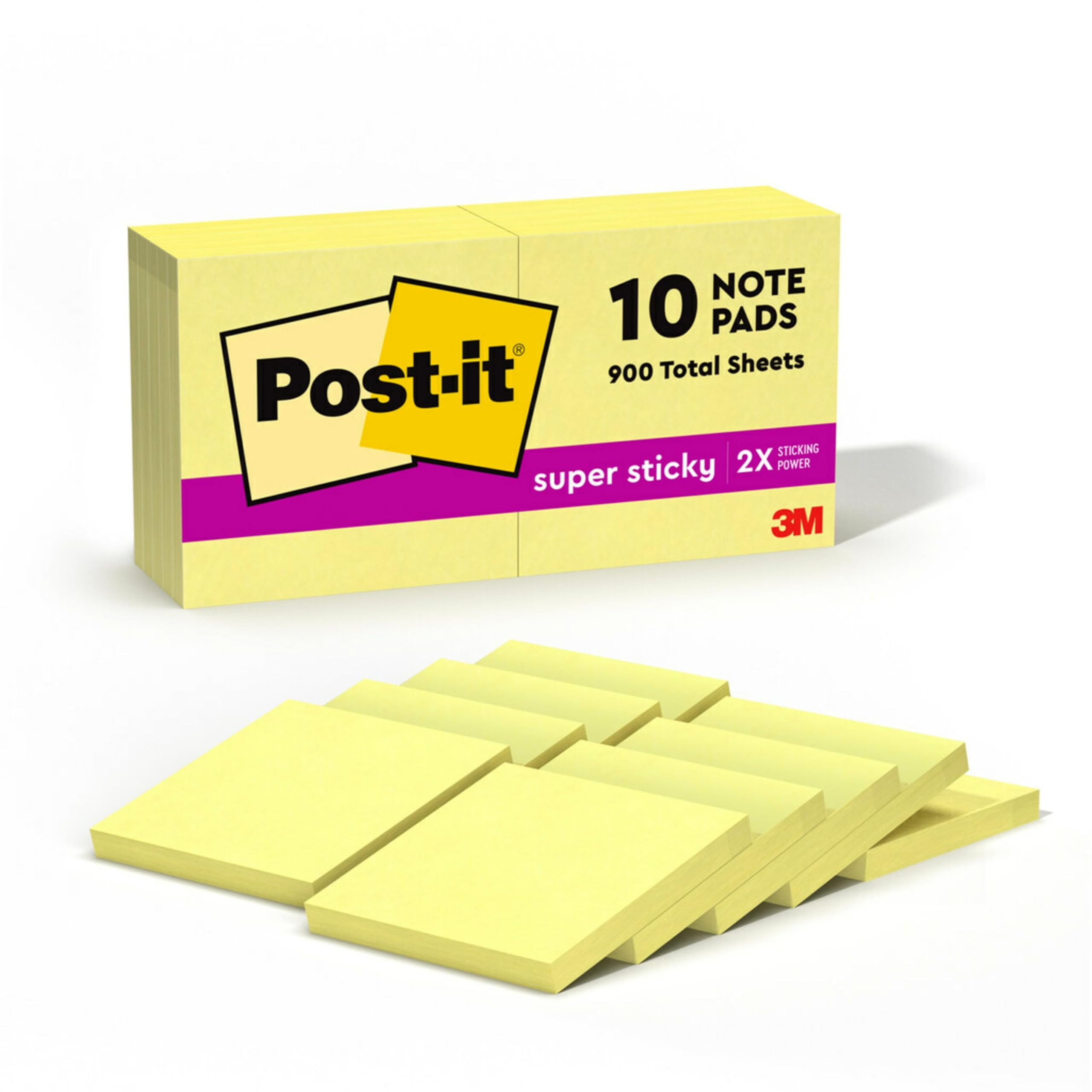 Post-it Super Sticky Notes, 3x3 in, 10 Pads, 2X The Sticking Power, Canary Yellow, Recyclable (654-10SSCY) 1.9" x 6"