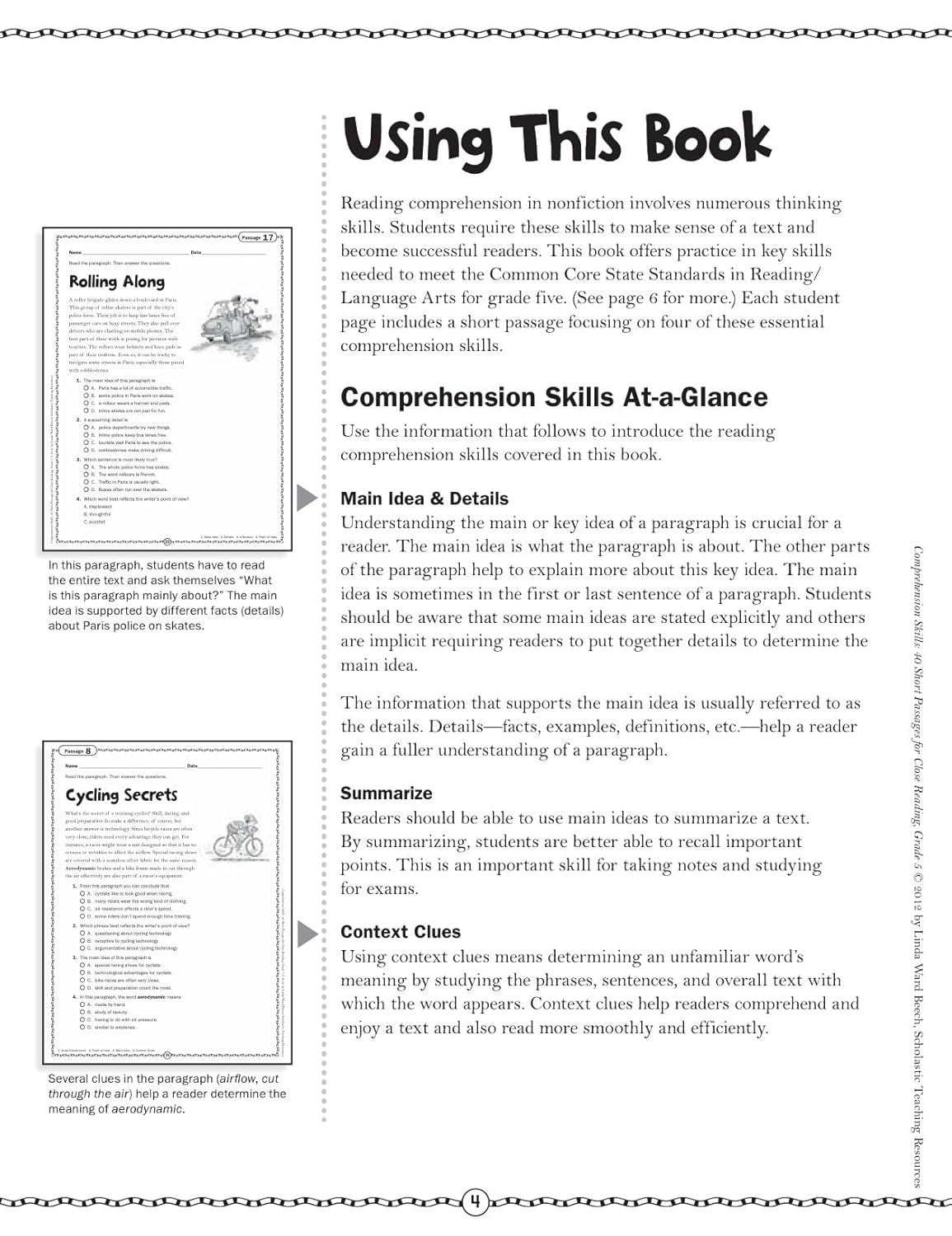 Scholastic Comprehension Skills: 40 Short Passages For Close Reading, Grade 5