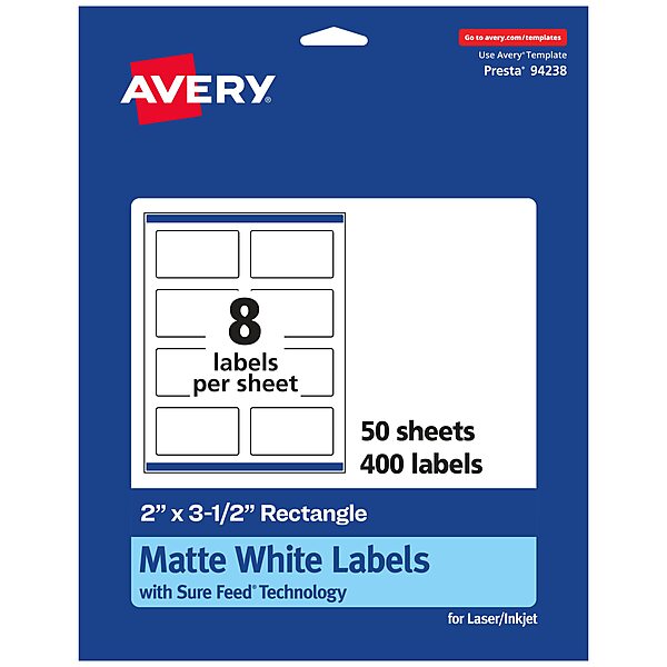 AVERY Matte White Rectangle Labels, Sure Feed Technology, 2" x 3.5"