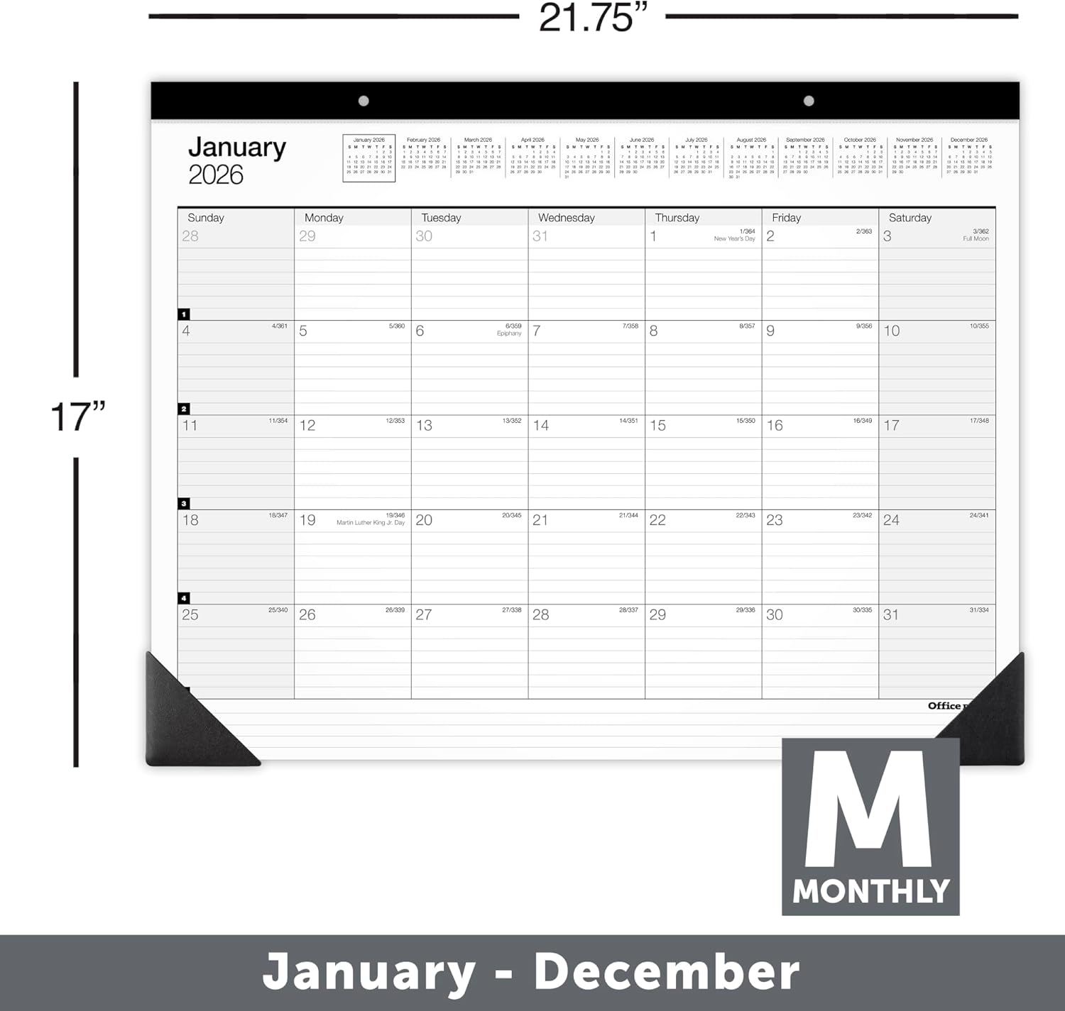 Office Depot Brand Monthly Desk Pad Calendar, 21 3/4" x 17", White/Black, January 2026 to December 2026, SP24D0026