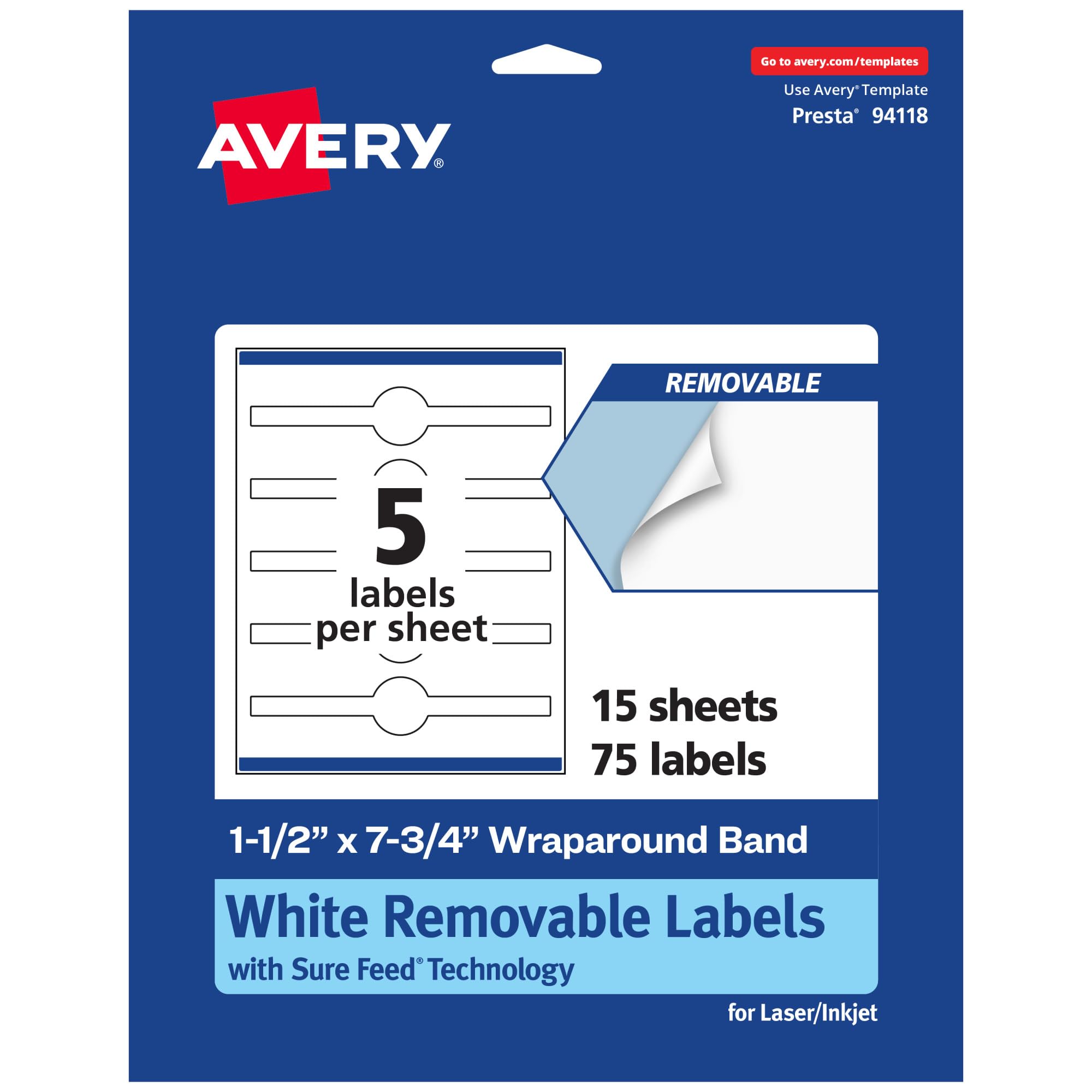 Avery Matte White Removable Wraparound Band Labels, Sure Feed Technology, 1.5" x 7.75", Print-to-The-Edge, Cigar Band