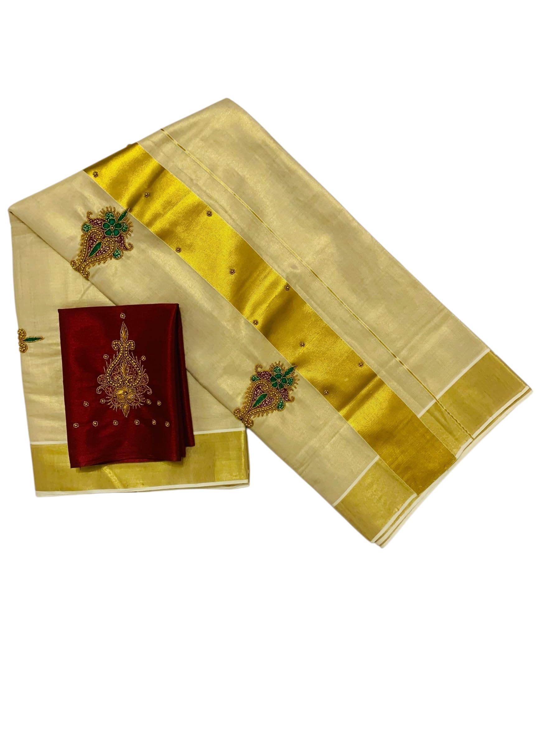 Kuthampully Kerala Kasavu Sarees For Women | Handcrafted Aari work Kerala Sarees | Tissue Onam Saree With Running Blouse | South Indian Sarees | Onam Saree EKM-836 (Maroon)