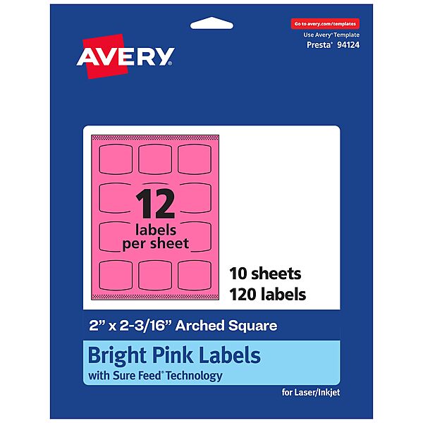 Avery Printable Arched Square Labels with Sure Feed Technology, 2" x 2-3/16", Bright Pink, Print-to-The-Edge, Laser/Inkjet