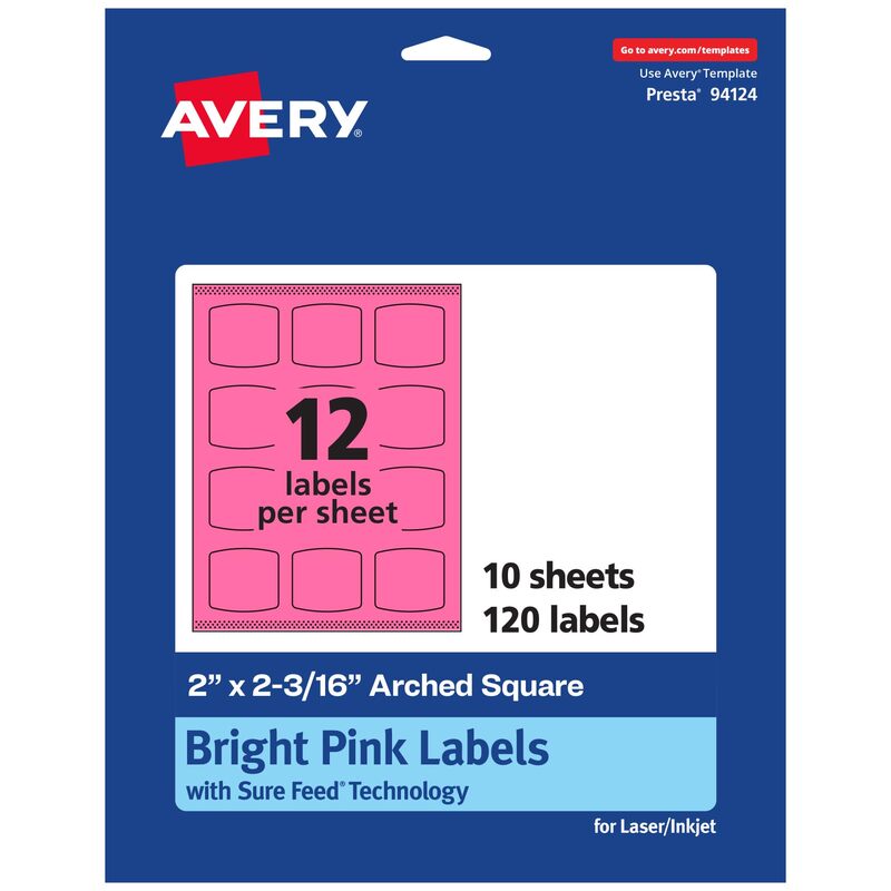 Avery Printable Arched Square Labels with Sure Feed Technology, 2" x 2-3/16", Bright Pink, Print-to-The-Edge, Laser/Inkjet