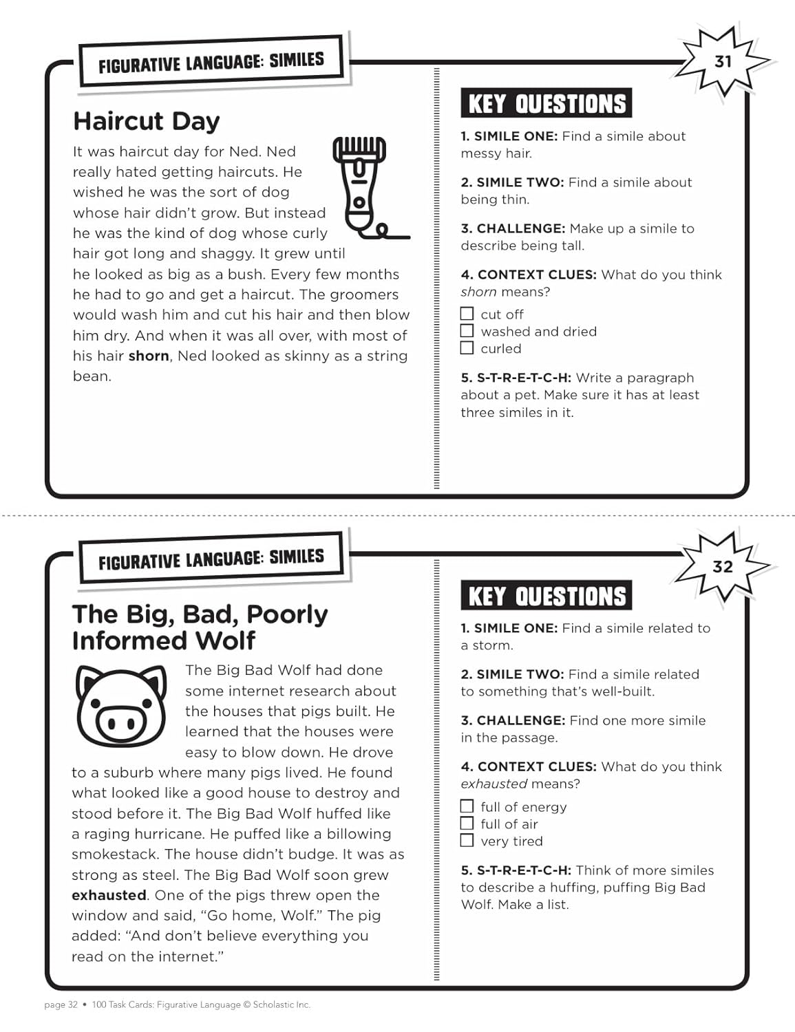 100 Task Cards: Figurative Language: Reproducible Mini-Passages With Key Questions to Boost Reading Comprehension Skills