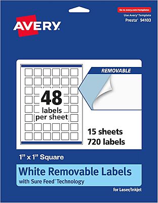 AVERY Matte White Removable Square Labels, Sure Feed Technology, Print-to-the-Edge, 1" x 1"
