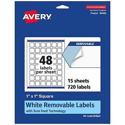 AVERY Matte White Removable Square Labels, Sure Feed Technology, Print-to-the-Edge, 1" x 1"
