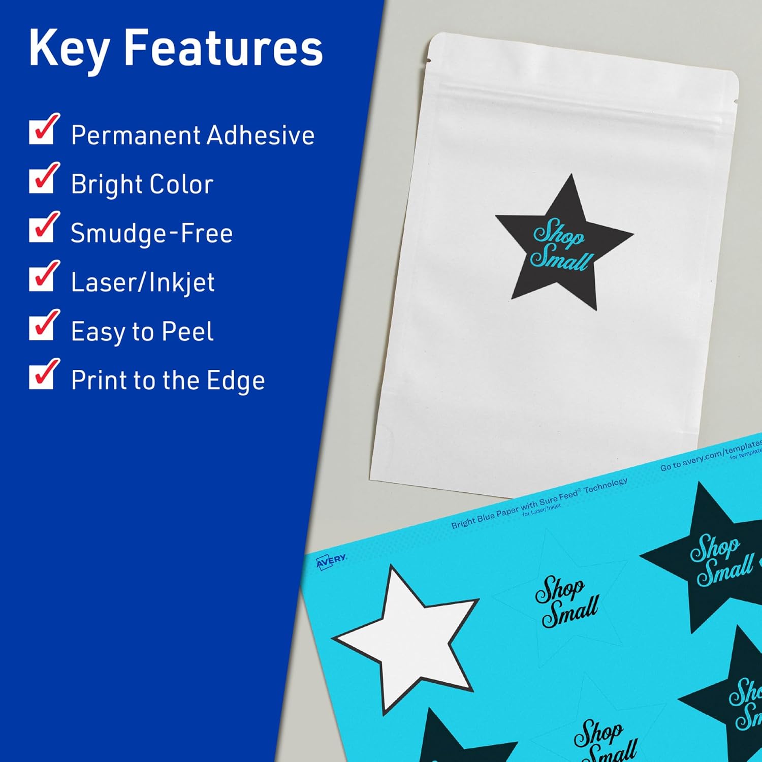 Avery Printable Star Labels, Sure Feed Technology, 2-1/4" x 2-3/8", Bright Blue, Print-to-the-Edge, Laser/Inkjet