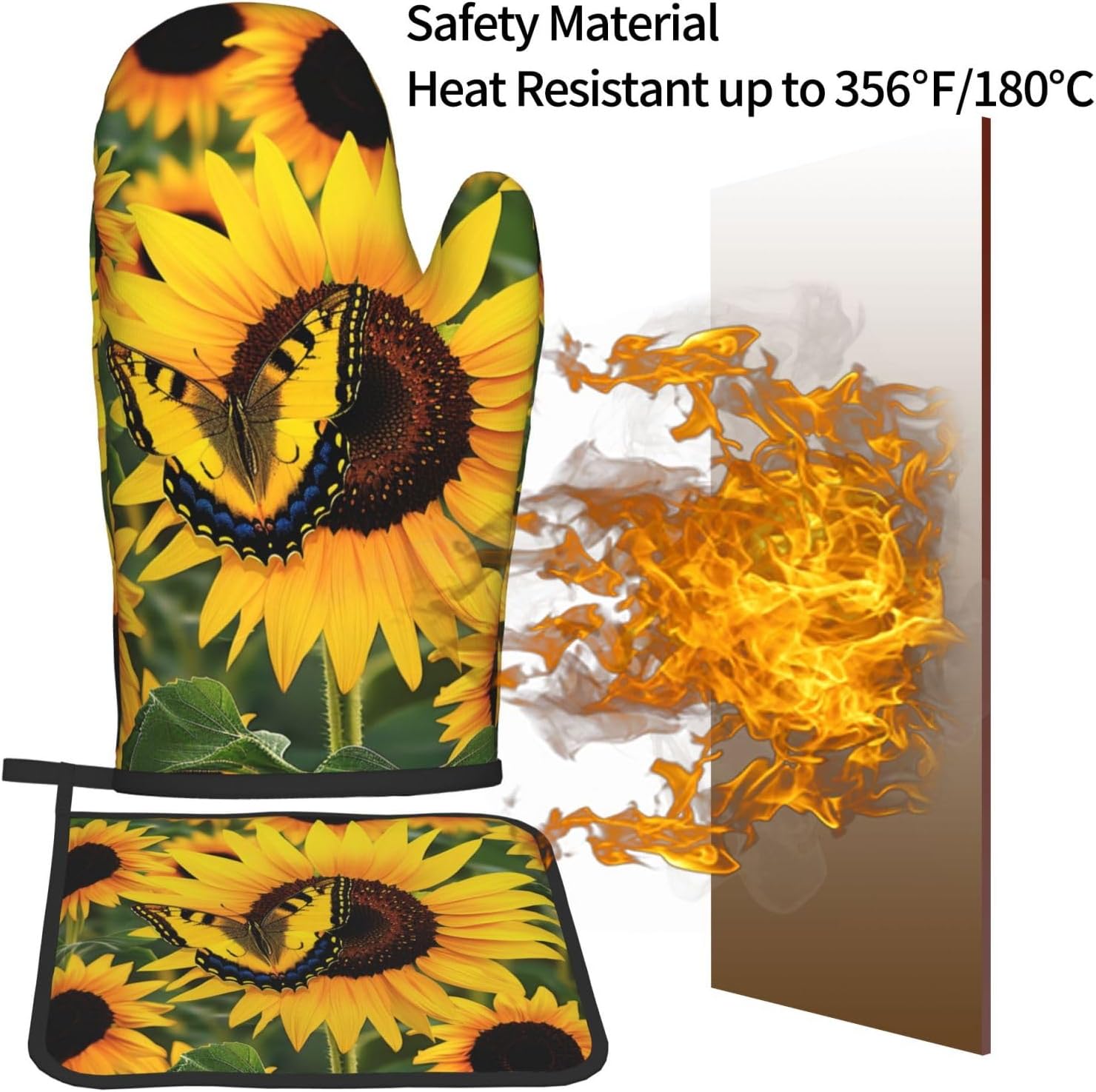 Butterfly Blooming Sunflower Plants Flowers Printed Oven Mitts and Pot Holders Set of 2 - Heat Resistant