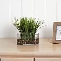 Nearly Natural 9inH Vanilla Grass Artificial Plant With Oval Vase, 9inH x 7inW x 3inD, Clear/Green