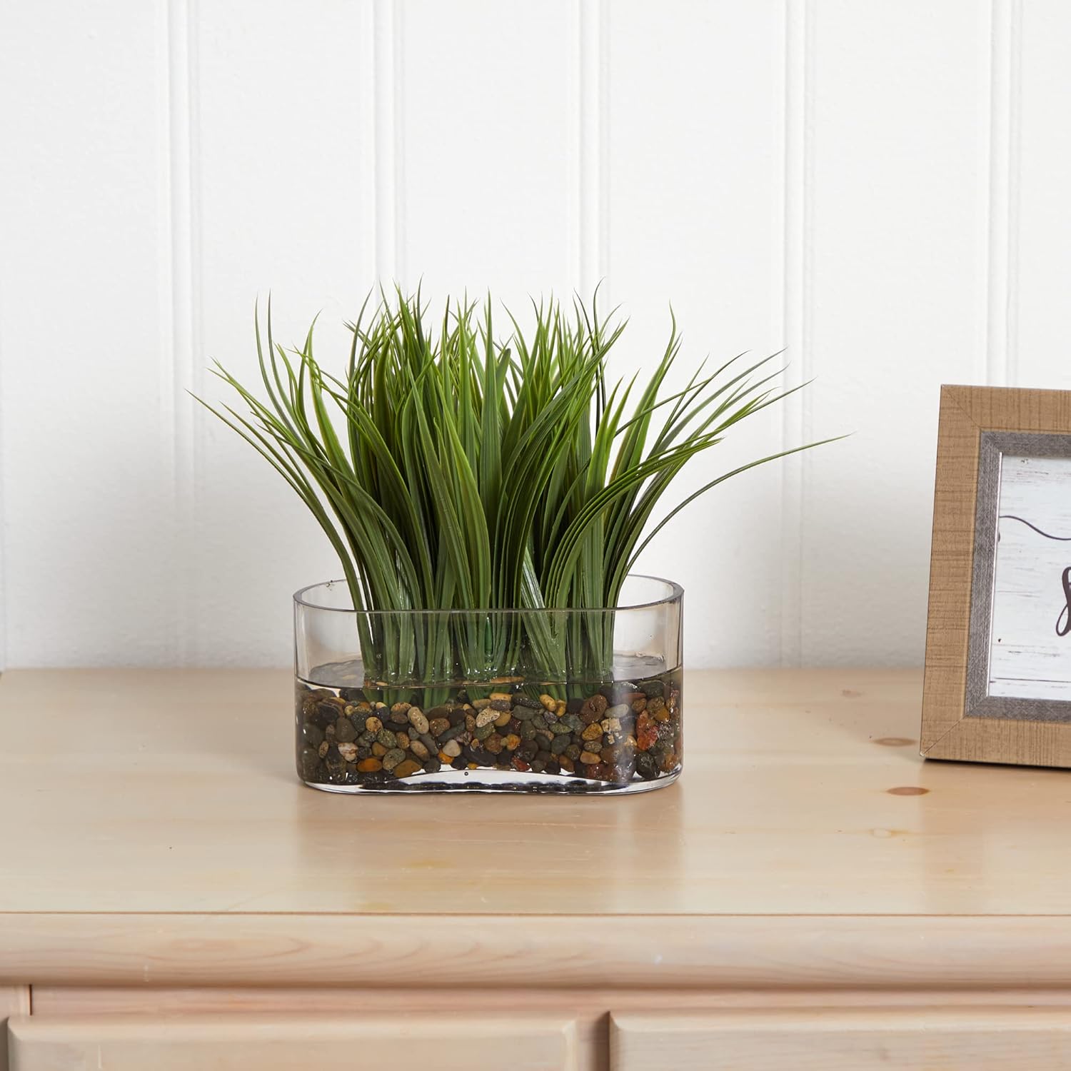 Nearly Natural 9inH Vanilla Grass Artificial Plant With Oval Vase, 9inH x 7inW x 3inD, Clear/Green