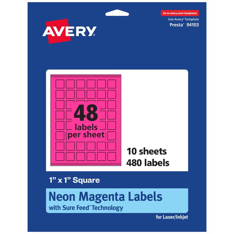 AVERY Neon Magenta Printable Square Labels 1" x 1"