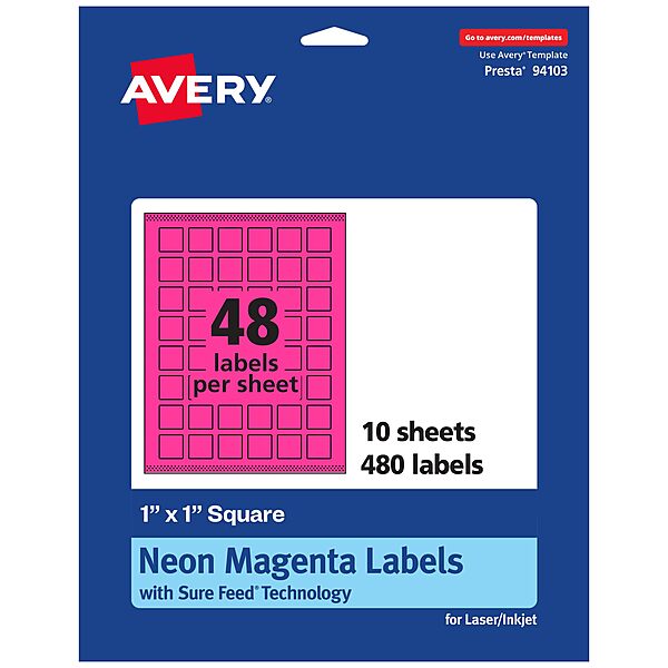 AVERY Neon Magenta Printable Square Labels 1" x 1"