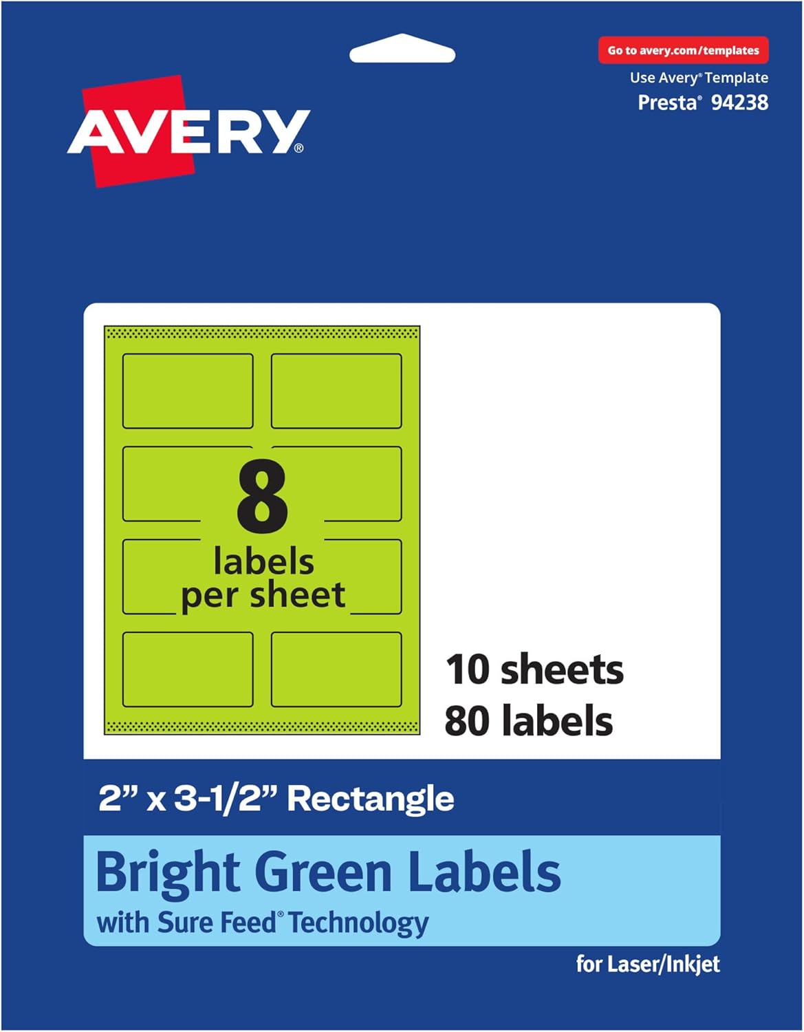 Avery Printable Rectangle Labels, Sure Feed Technology, 2" x 3-1/2", Bright Green Labels, Print-to-The-Edge