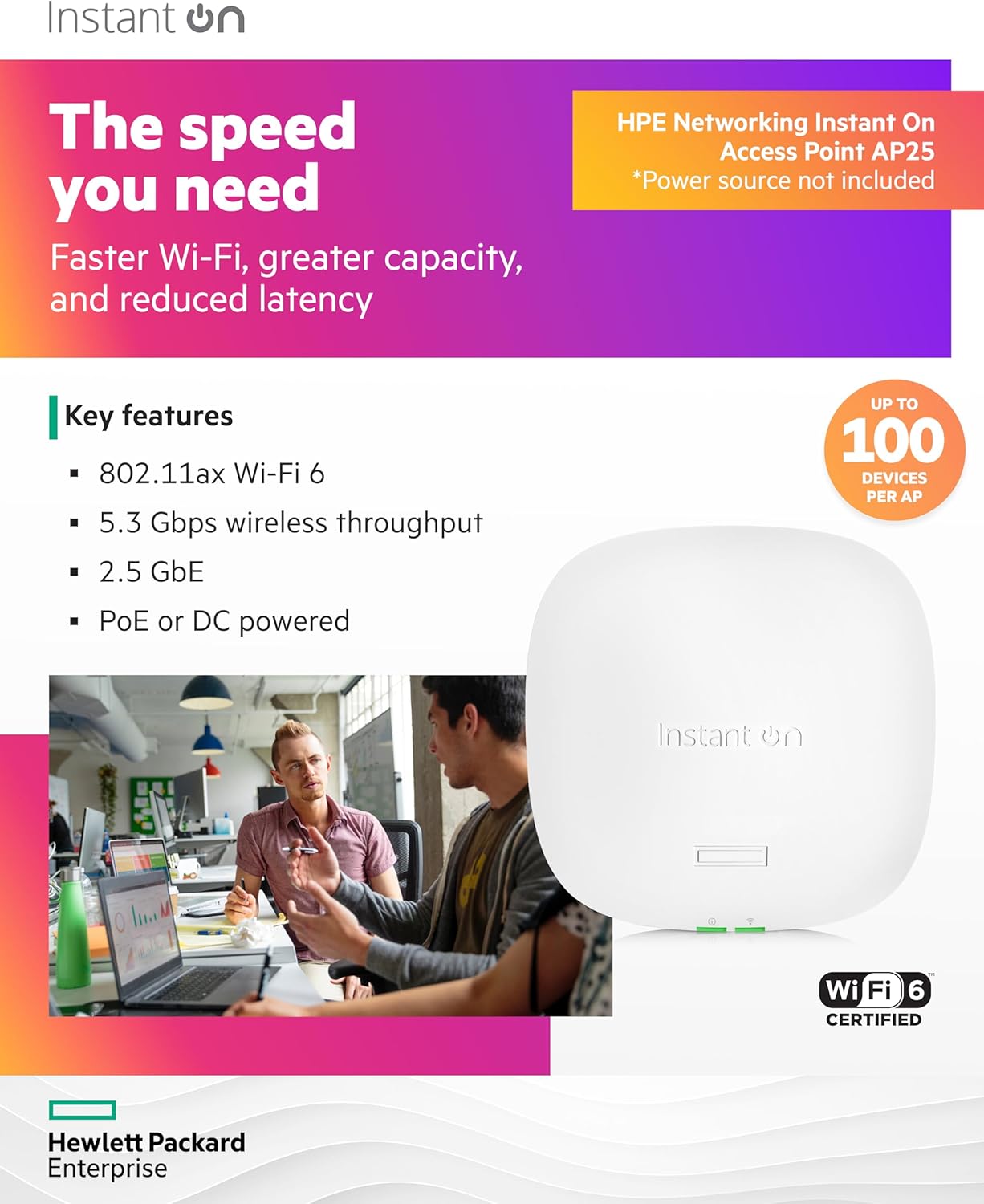 HPE Networking Instant On Access Point AP25 4x4 WiFi 6 Indoor Wireless Access Point