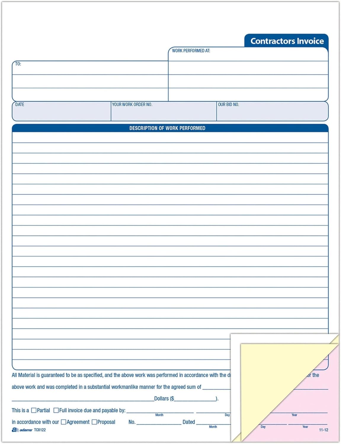 Adams Contractor’s Invoice Book, 3-Part, 50 Sets per Book, 50 Pages (ABFTC8122) 1-Pack