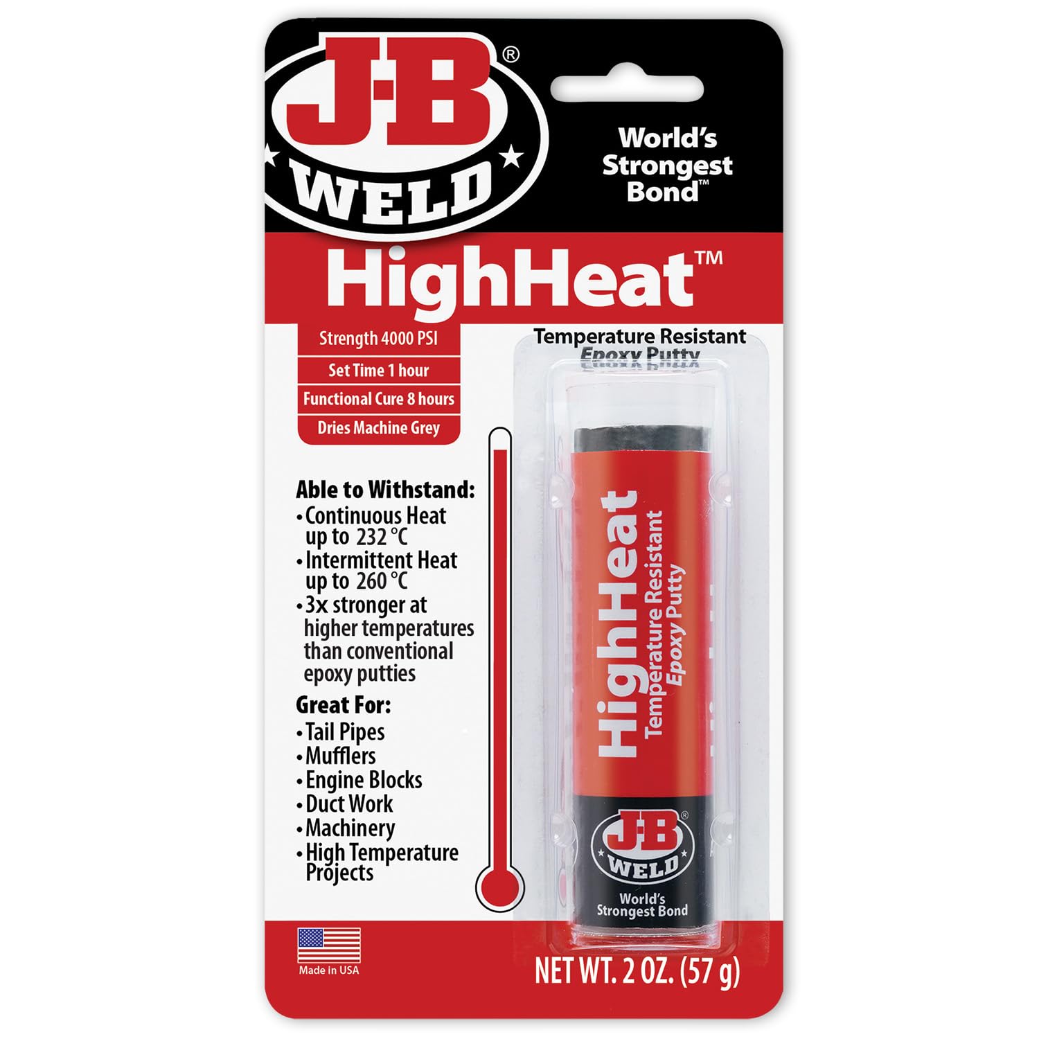 J-B Weld 8297 HighHeat 500 Degree Epoxy Putty Stick - 2 oz. , Grey