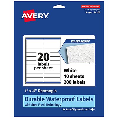 Avery Durable Waterproof Rectangle Labels with Sure Feed Technology, 1" x 4"
