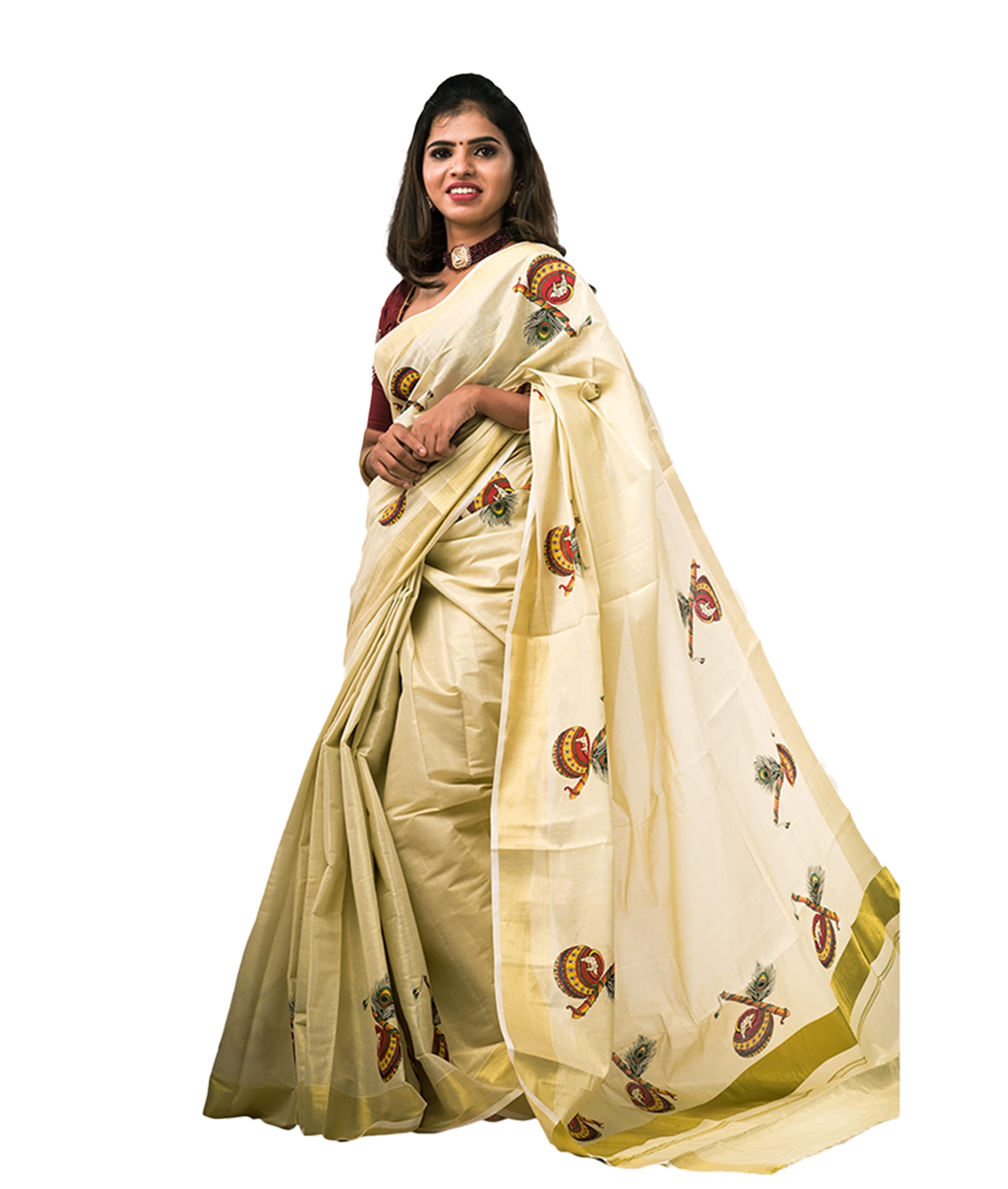 Women's Kuthampully Kerala Kasavu Saree Tissue Mural Painted | Traditional South Indian Saree | Onam Saree - Multi Color BOM-655