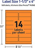 Avery Printable Rectangle Labels, Sure Feed Technology, 1-1/3" x 4", Bright Orange, Laser/Inkjet Printable