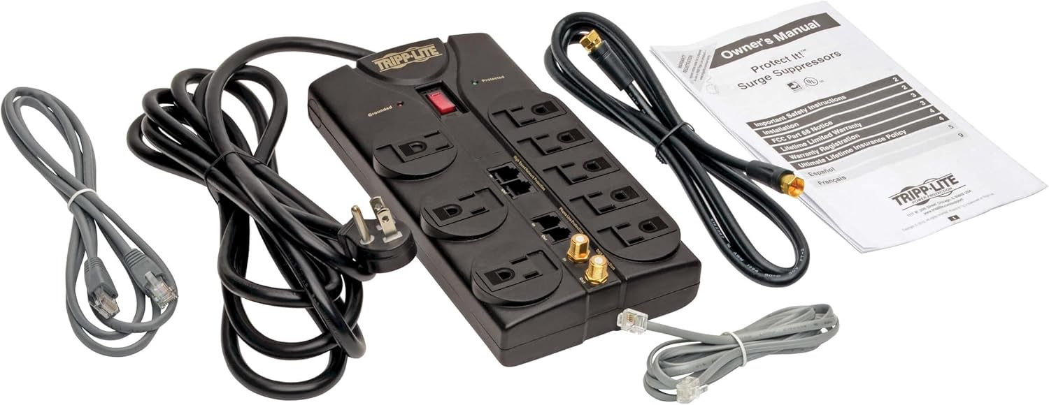 Tripp Lite 8 Outlet Surge Protector Power Strip, 10ft Cord, Right-Angle Plug, Tel/Modem/Coax/Ethernet Protection, RJ11, RJ45