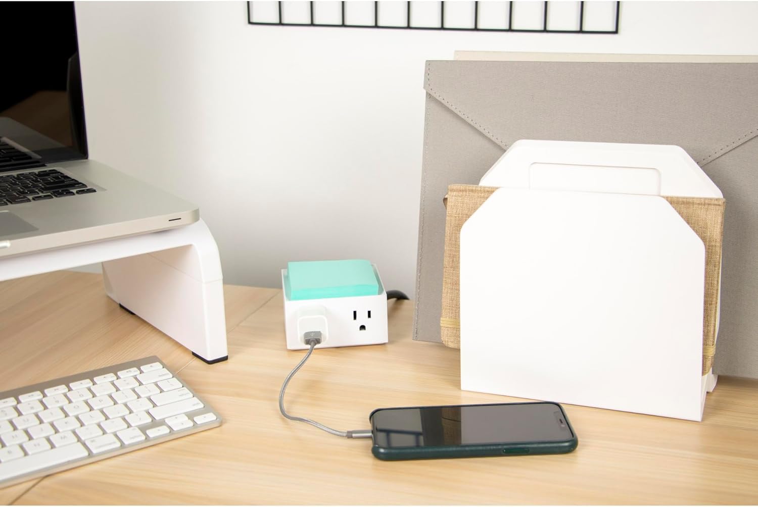 Bostitch Office Konnect Power Hub, Two Outlets Charging Station for Desktop, Shallow Tray Top, White
