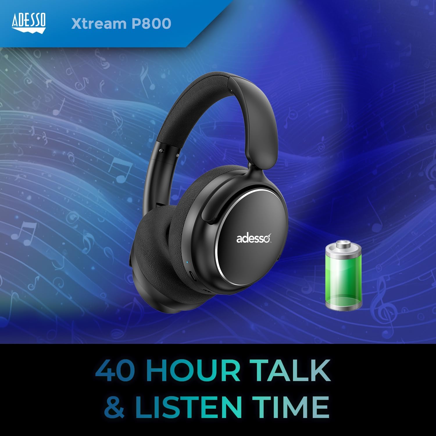 Adesso Xtream P800 Bluetooth Headphones with Active Noise Cancellation, Built-in Mic, 40H Battery, 3.5mm AUX, Foldable