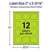 Avery Print-To-The-Edge Labels With Sure Feed Technology, 94124-BGP10, Arched Square, 2in x 2-3/16in, Matte Bright Green, Pack of 120