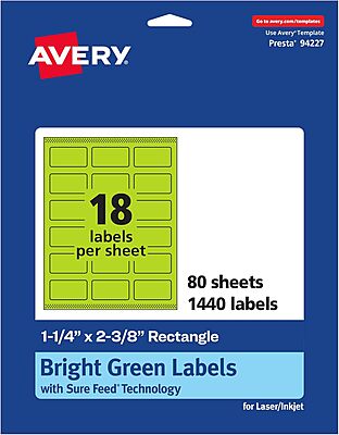 Avery Printable Rectangle Labels, Sure Feed Technology, 1-1/4" x 2-3/8", Bright Green, Print-to-the-Edge, Laser/Inkjet Printable